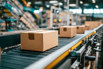 Cardboard boxes are moving along a conveyor belt in a distribution warehouse. Workers manage the process, ensuring efficient packaging and shipping during busy daytime hours
