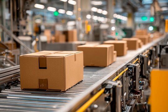 Brown cardboard boxes travel on a conveyor belt in a warehouse. Workers manage the process as the facility is filled with activity and bright overhead lights