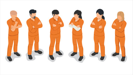isometric view of orange uniform prisoner inmates