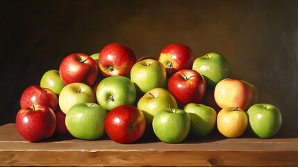 Red and green apples on rustic wooden table, vintage toned
