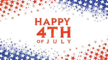 Happy fourth of july text with red white and blue stars scattered on a white background for independence day