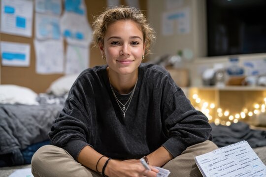 A young woman smiles while studying in a cozy bedroom, highlighting her focus on education and vibrant, comfortable surroundings filled with notes and warm lights.
