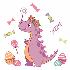 Cute SVG of a Mischievous Dinosaur in Candy Shop colors, featuring with a flower crown in a Birthday setting