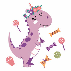 Cute SVG of a Mischievous Dinosaur in Candy Shop colors, featuring with a flower crown in a Birthday setting