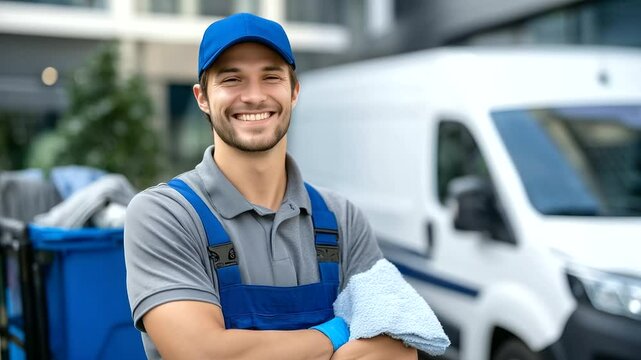 Man with cap and gloves rests arm on cleaning cart beside company van, cheerful demeanor reflects pride in his professional services