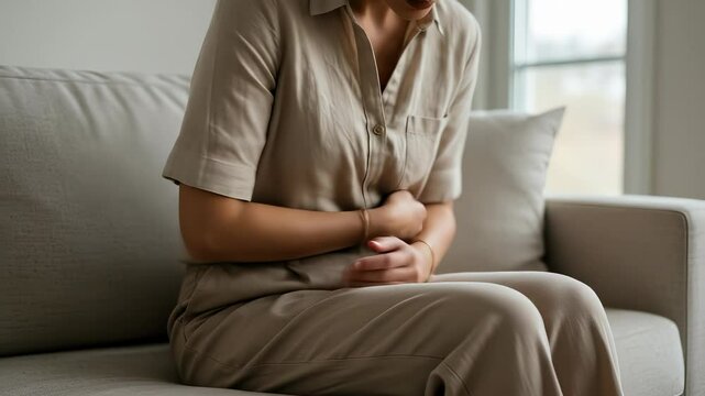 Woman Experiencing Abdominal Pain & Cramps: Stomach Ache, Discomfort, Digestive Issues, Health Concerns & Treatment Options