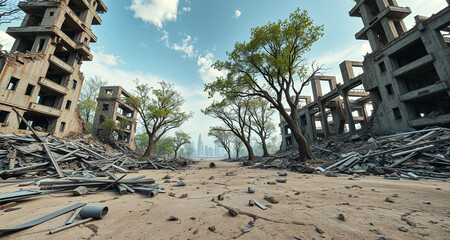 post apocalyptic landscape towering skyscrapers split in half lush trees growing from shattered floors ruined urban cityscape desolate horizon eerie beauty forgotten civilization overgrown nature surv