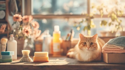 cat in summer office A fluffy ginger cat sits serenely among bath products and floral decor on a wooden surface by a window.