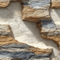 Naklejka premium Close-up of weathered stone layers with distinct textures and natural cracks