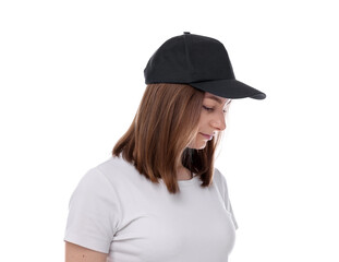 Young woman wearing stylish black baseball hat on white background