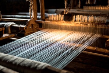 In a dimly lit workshop at dusk, artisans skillfully operate a loom, creating beautiful textiles. The warm glow highlights the weaving process, emphasizing the craftsmanship involved