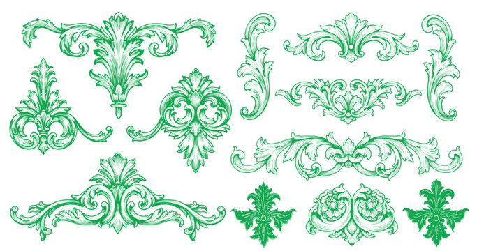 Vintage baroque frame scroll ornament engraving border floral retro pattern antique style acanthus foliage swirl decorative design element filigree calligraphy.