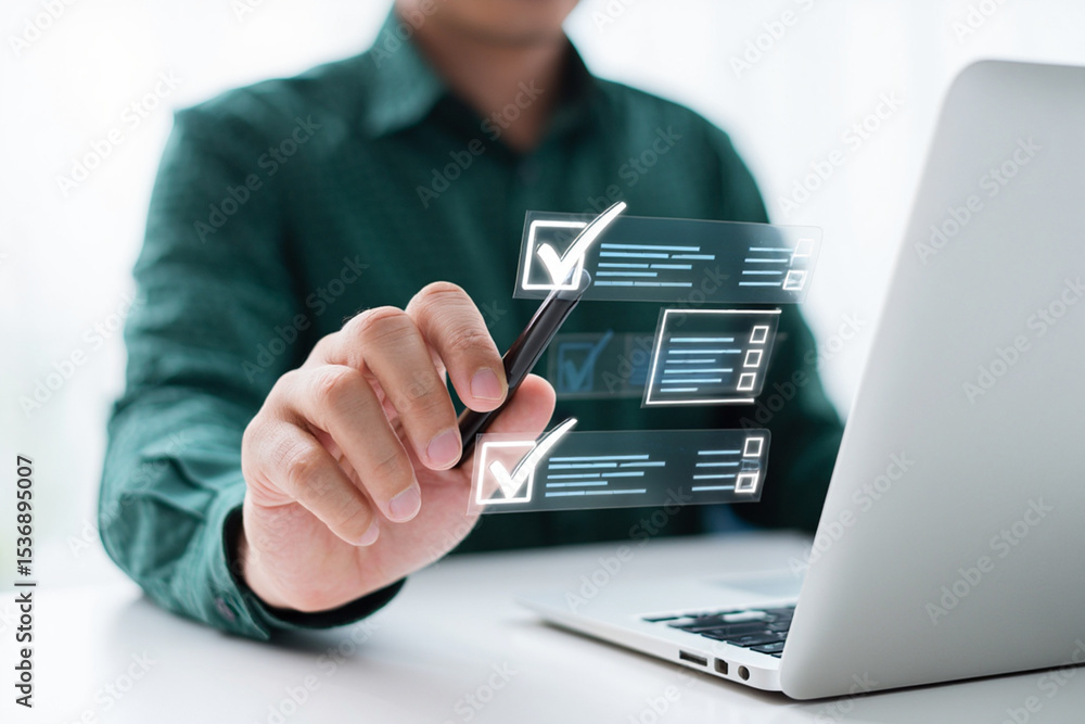 Poster man using laptop checking tasks on digital checklist interface