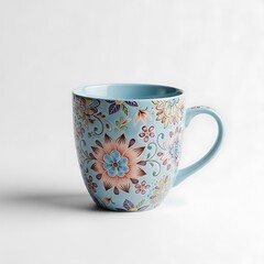 Exquisite blue floral ceramic mug decorated with ornate colorful flower designs on white background