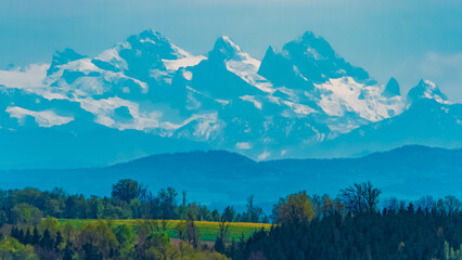 Distant alpine peaks seen from Ortenburg, Passau, Bavaria, Germany