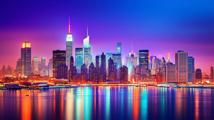 Fototapeta premium Vibrant City Skyline at Night with Reflections on Water