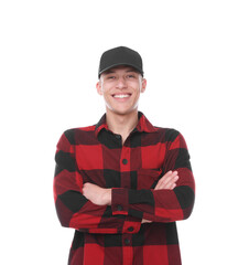 Young man wearing stylish black baseball hat on white background