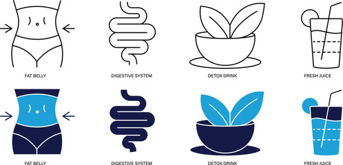 Health Detox and Juicing Icon Set. detox, juice, health, cleanse, wellness, healthy drink, juicing,