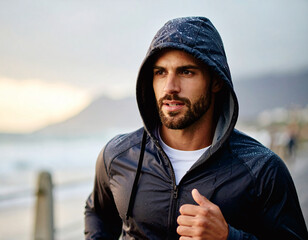 Confident Athlete Jogging in Rainy Weather. Rainproof Workout Inspiration