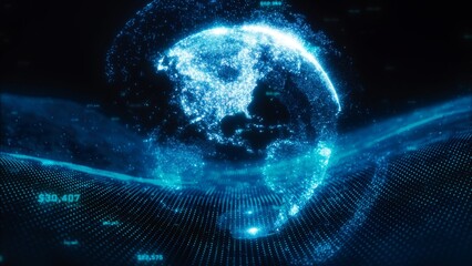 Digital Global Network Visualization with Blue Glittering Effects