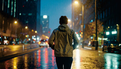 A person running on a wet city street at night in heavy rain, wearing a hoodie