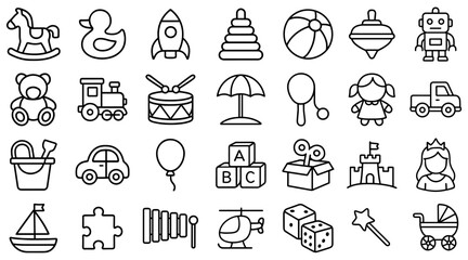 Delightful monochrome set of diverse toys showcasing childhood joy and imaginative play experiences for children