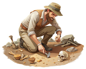 vector of an archaeologist kneeling, brushing off bones or relics at dig site, isolated on white background
