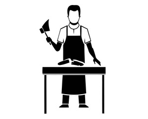 Fototapeta premium vector of a butcher in apron and gloves with cleaver and meat on table, clean style on white 