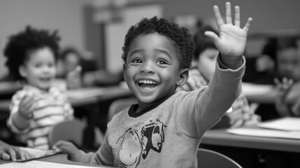 Smiling child raising hand