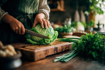 A person skillfully chops a head of cabbage on a wooden cutting board in a cozy kitchen filled with fresh herbs and vegetables, highlighting the joy of cooking with local ingredients