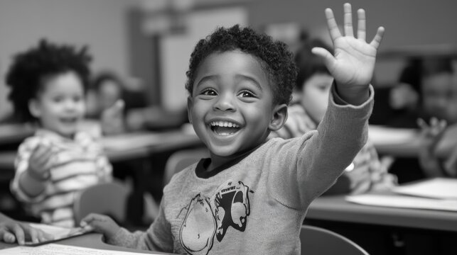 Smiling child raising hand
