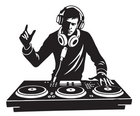 vector of a DJ using turntables and audio mixer, wearing headphones, energetic pose, white background
