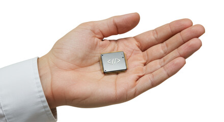 Isolated Microchip Held on Hand for Technology Concept