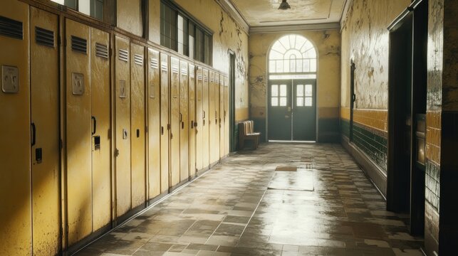 Sunlit school hallway