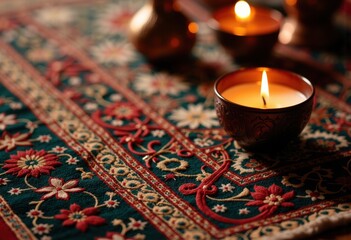 Elegant candle on a beautifully embroidered tablecloth with floral patterns