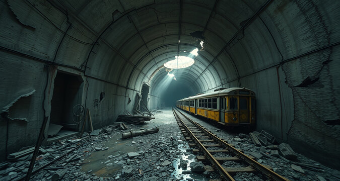post apocalyptic landscape with collapsed subway tunnels filled with toxic water eerie atmosphere abandoned urban environment desolate scenery survival theme haunting visuals dystopian image futuristi - Powered by Adobe