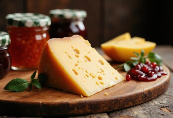 Traditional Swiss cheese with accompaniments on a rustic wooden board