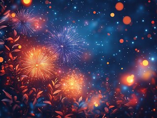 Obraz premium Vibrant Fireworks Display with Luminous Orbs and Leafy Foliage in a Deep Blue Night Sky