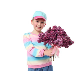 Little girl with bouquet of lilac flowers on white background