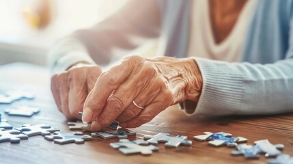 Elderly woman concentrating on solving jigsaw puzzle at wooden table, senior mental exercise and cognitive stimulation for memory care and dementia prevention.