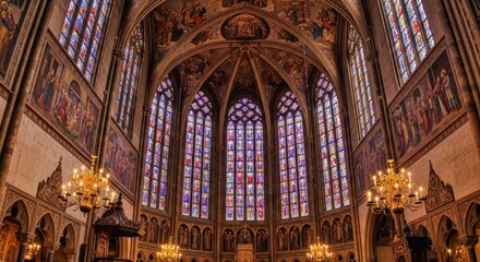 Obraz premium Majestic stained glass and chandeliers inside historic gothic cathedral