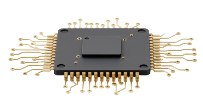 Isolated Detailed Computer Microchip with Golden Pins and Connections
