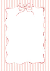 Pink dreams. Watercolor hand-drawn frame, pink and white striped with ribbons and bow. Fairytale illustration for baby girl. Template card for design girls's parties and nursery.