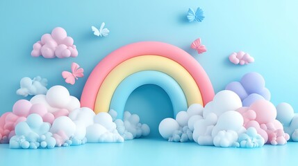Colorful rainbow with clouds and butterflies.