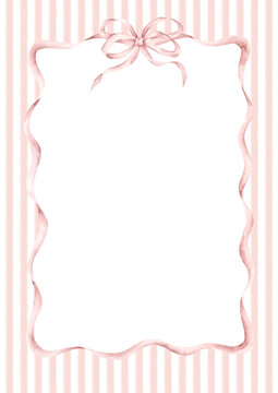 Pink dreams. Watercolor hand-drawn frame, pink and white striped with ribbons and bow. Fairytale illustration for baby girl. Template card for design girls's parties and nursery.