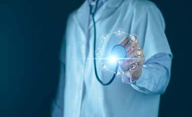 Doctor use stethoscope with icon medicine healthcare for diagnosis, care, and increasing accuracy patient treatment in future, Medical research and development to improve patient health.