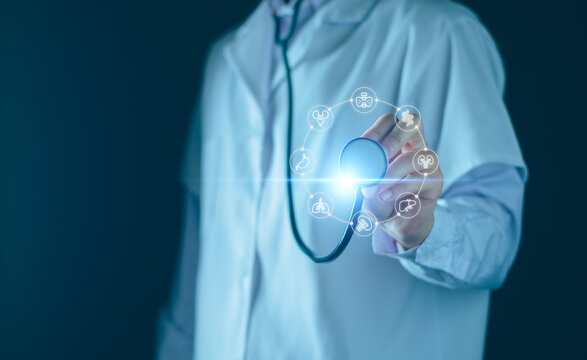 Doctor use stethoscope with icon medicine healthcare for diagnosis, care, and increasing accuracy patient treatment in future, Medical research and development to improve patient health. - Powered by Adobe
