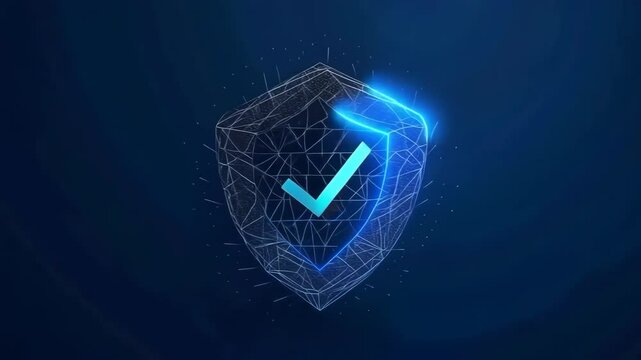 Visualizing a secure cybersecurity symbol: A dark blue wireframe shield adorned with a checkmark emblem, symbolizing robust protection and verified security measures