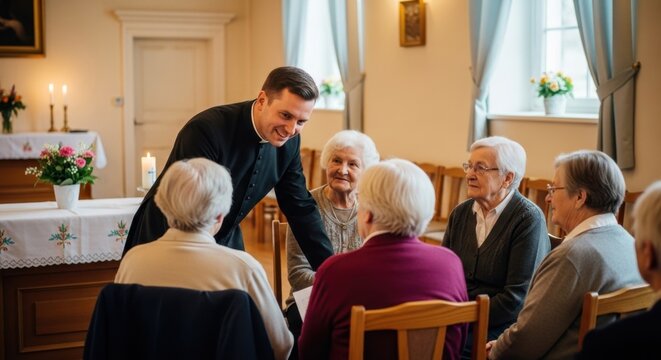 Male caucasian priest engages elderly caucasian women in church gathering
