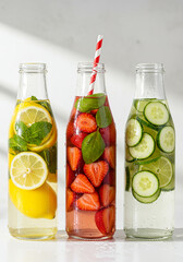 Healthy fruit-infused water in glass bottles with lemon, strawberry, and cucumber. Refreshing detox drink concept with clean background and condensation details.